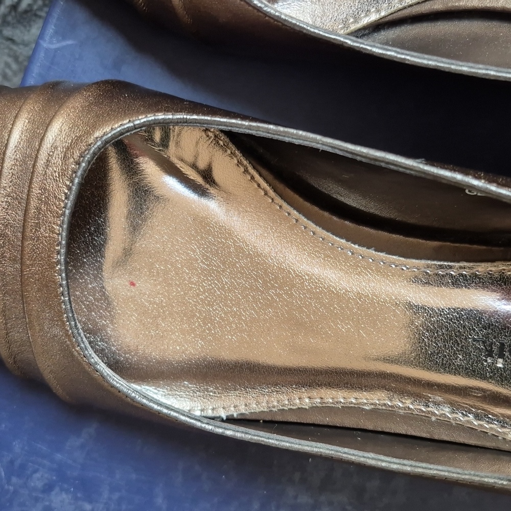 Pierre Michel Bronze Metallic Leather Peep Toe Wedges, Size 37 - Picture 6 of 15